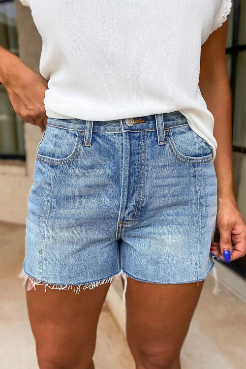 Light Wash High-Rise Frayed Hem Denim Shorts