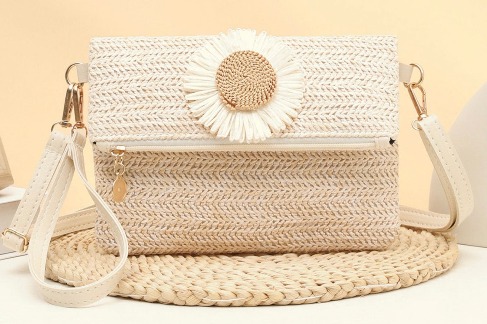 Cream Daisy Woven Straw Crossbody Bag