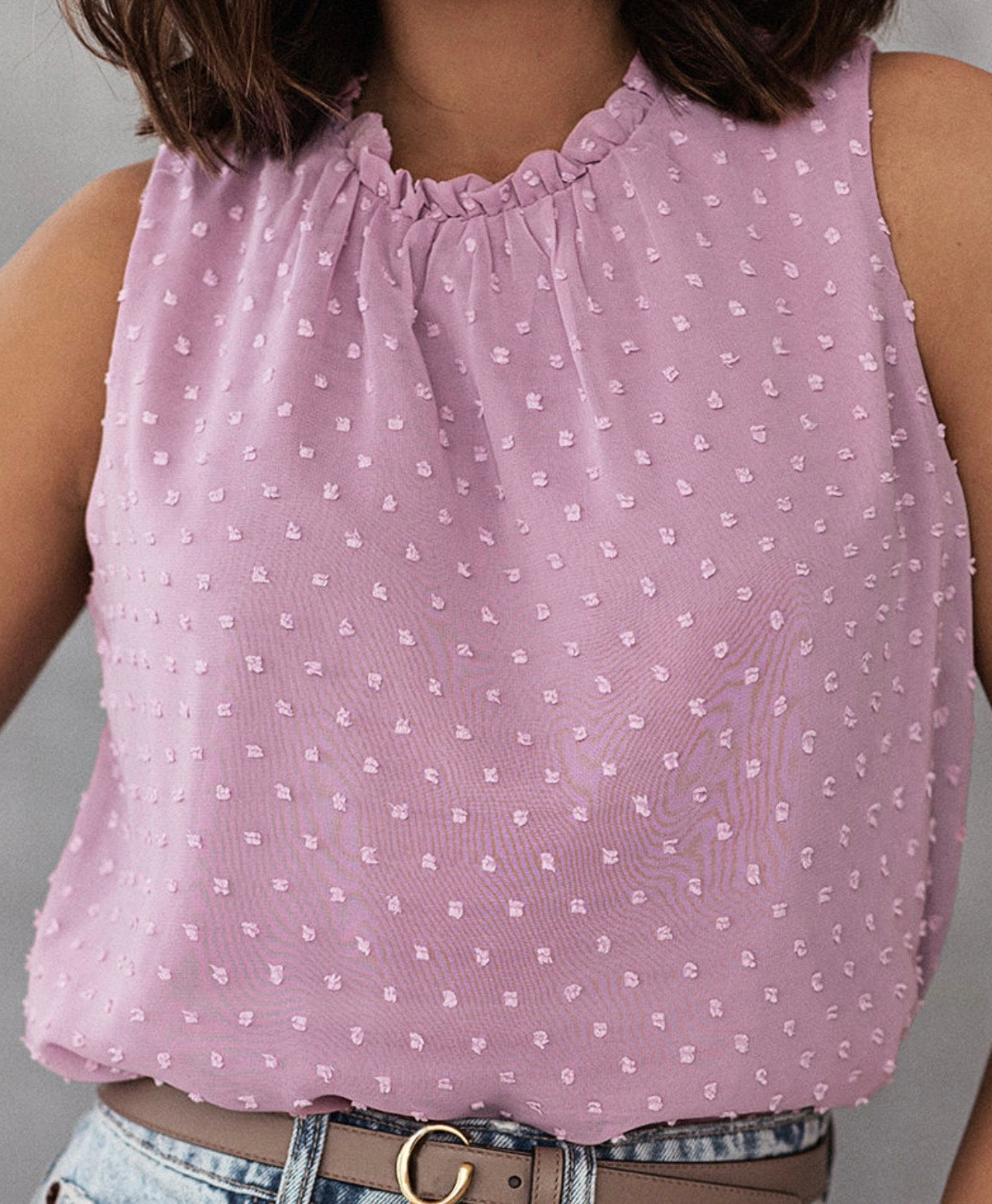 Lavender Swiss Dot Ruffle Neck Top