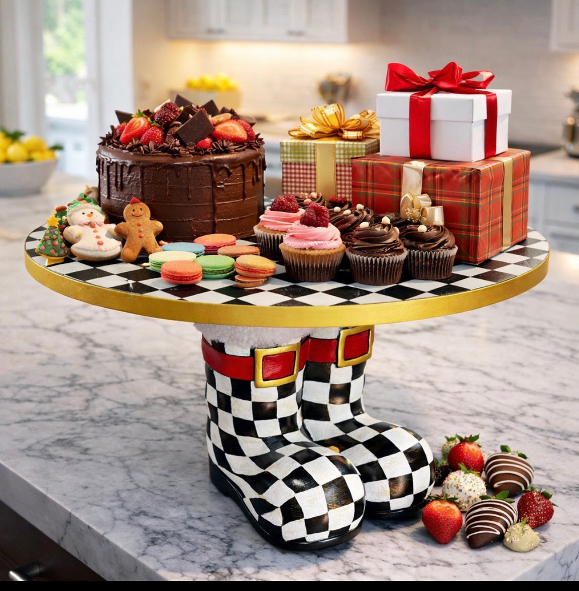 Christmas Holiday Checker Boots Cake Stand – Hand Painted