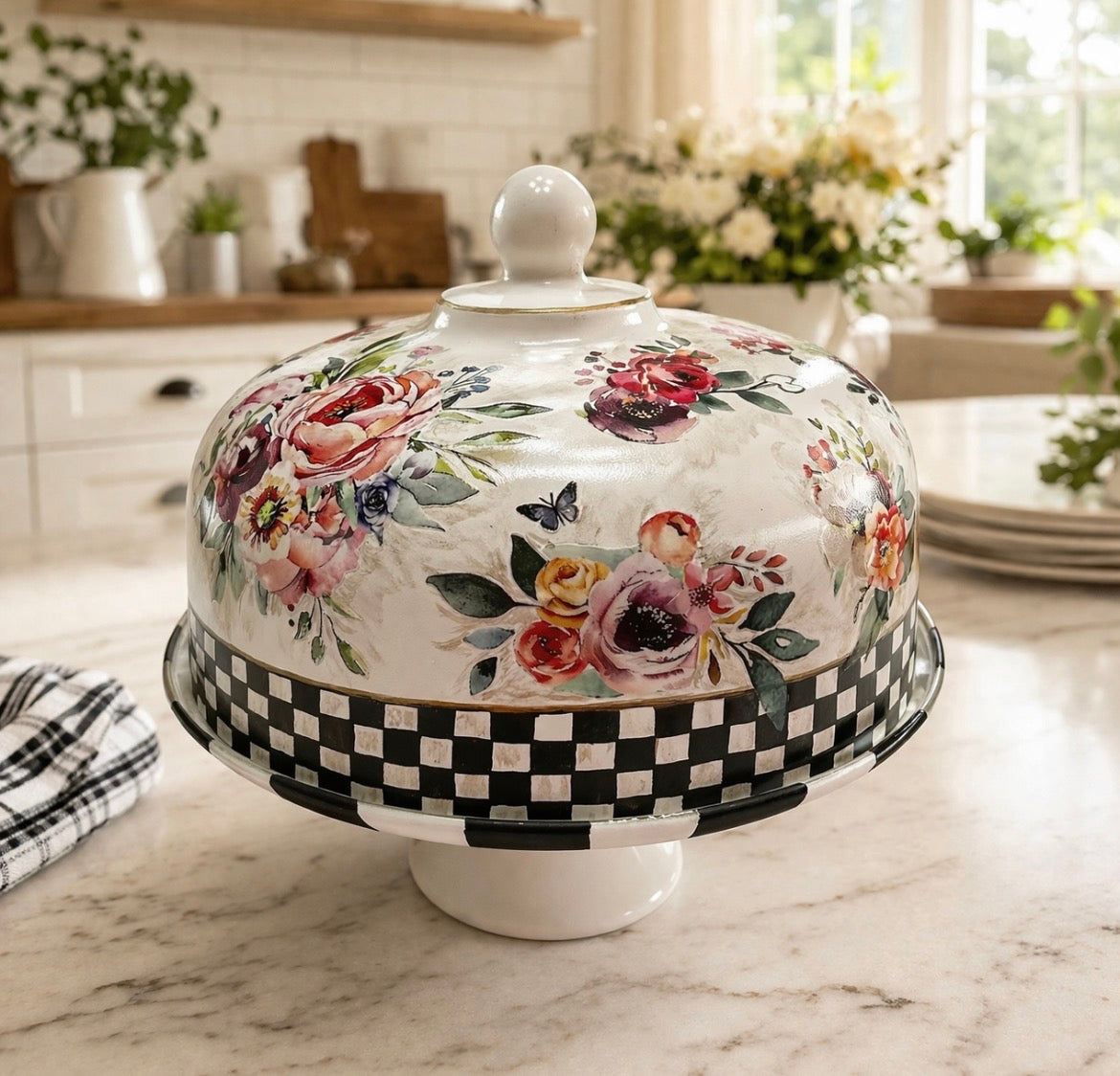 Floral & Checker Cake Stand with Dome