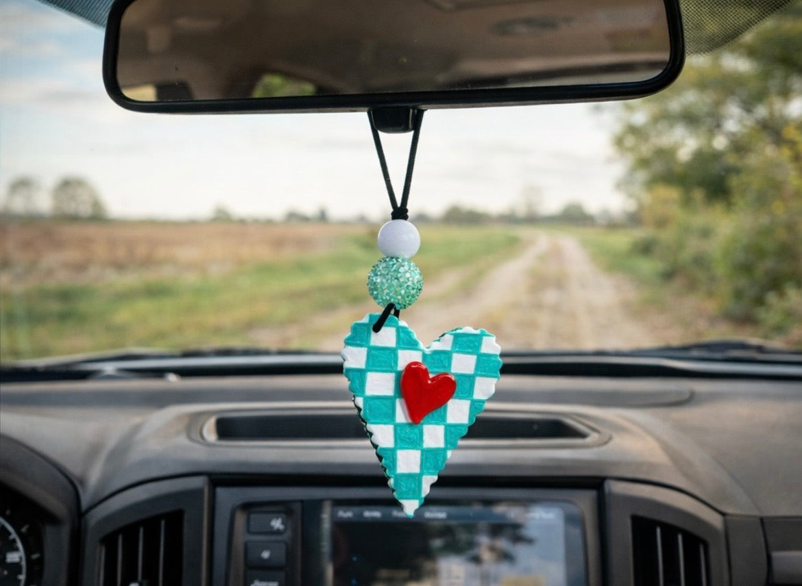 Teal Checker Heart Car Charm