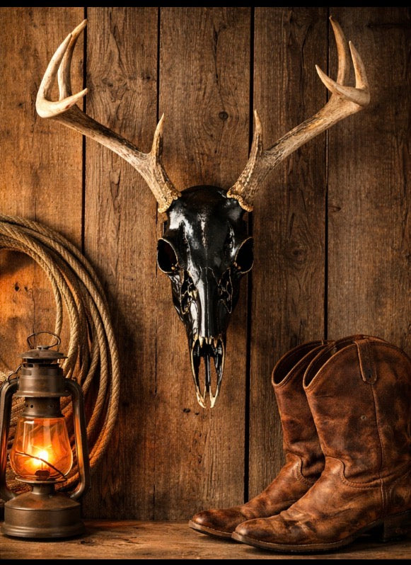 Black Hand Painted Real Deer Skull with Antlers