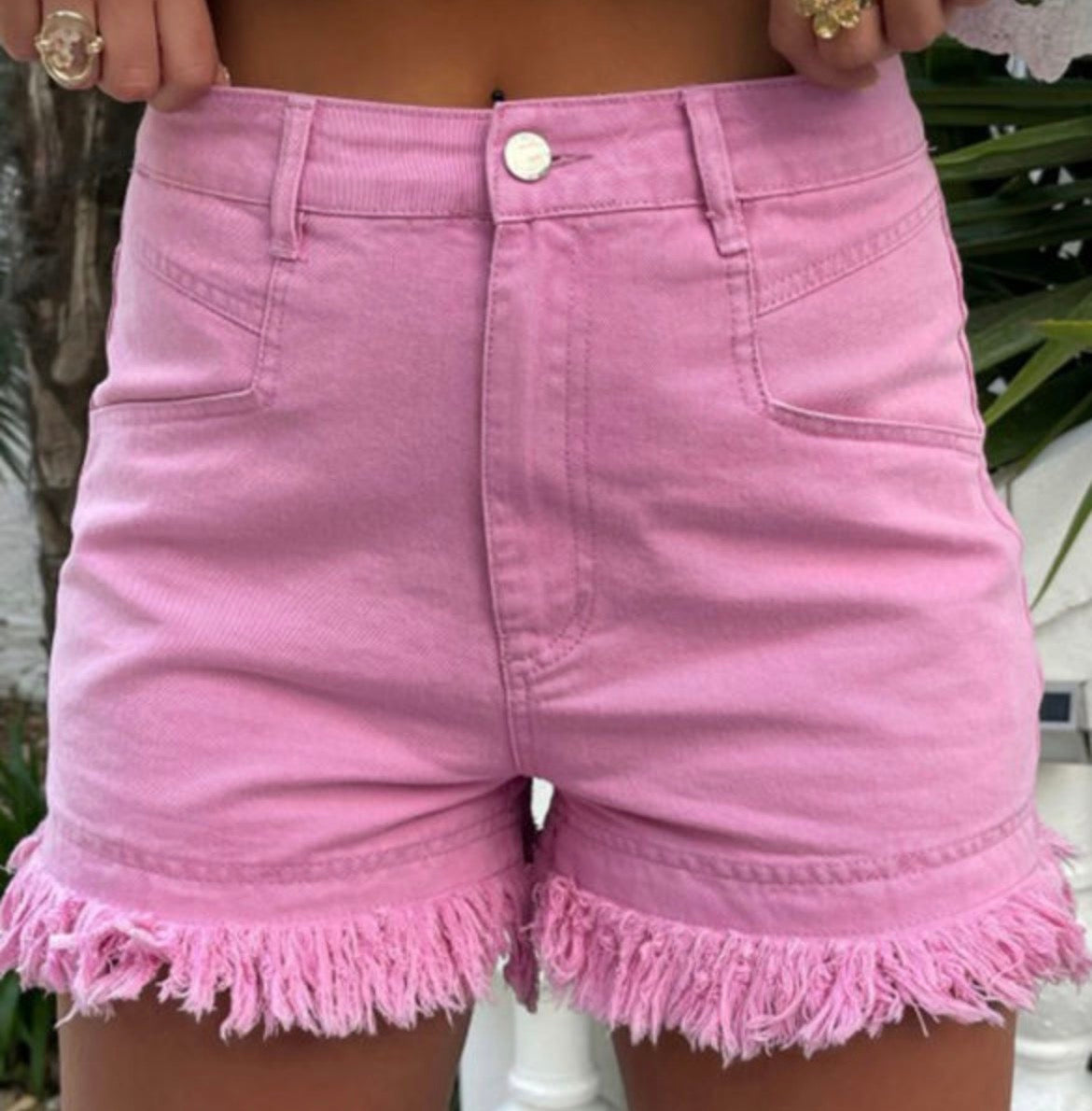 Pink Frayed Hem Denim Shorts