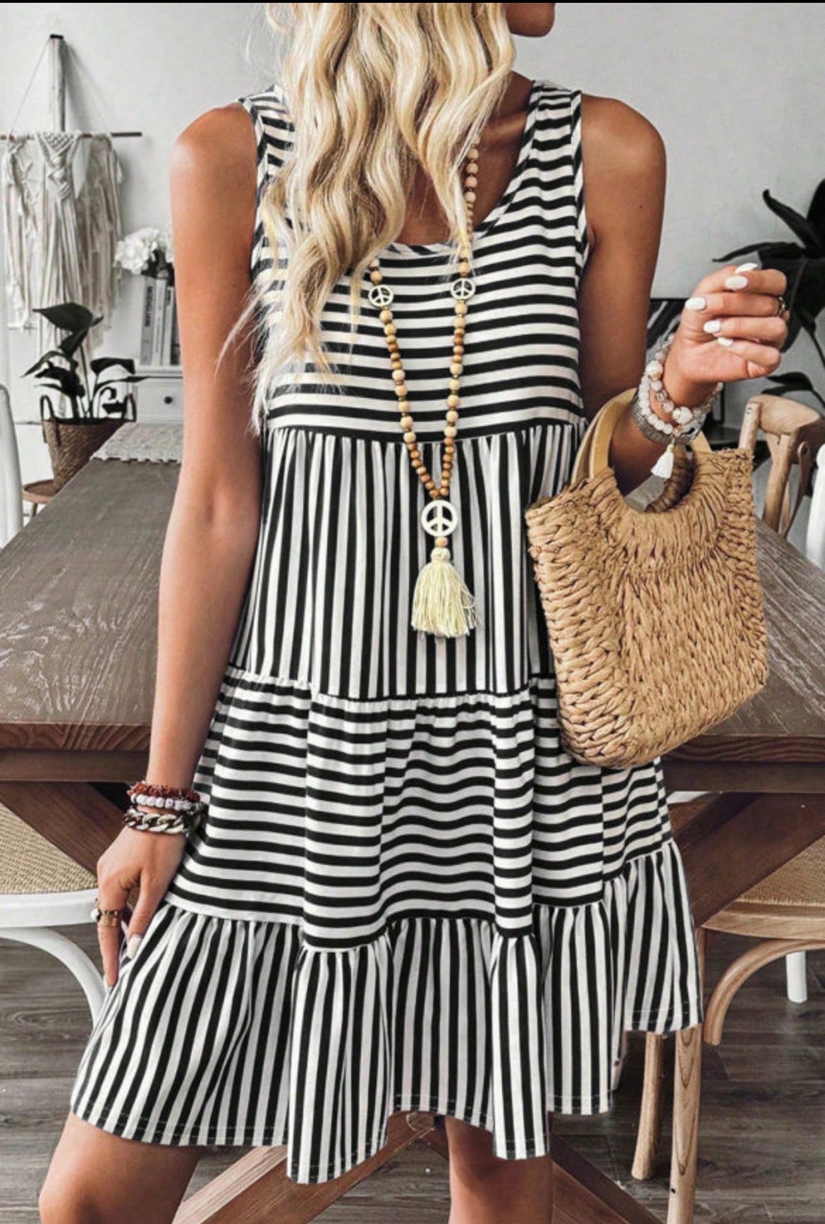 Black & White Stripe Tiered Mini Dress
