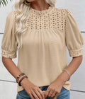 Cream Eyelet Puff Sleeve Waffle Knit Top