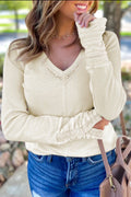 Cream Lace Trim V-Neck Ribbed Top
