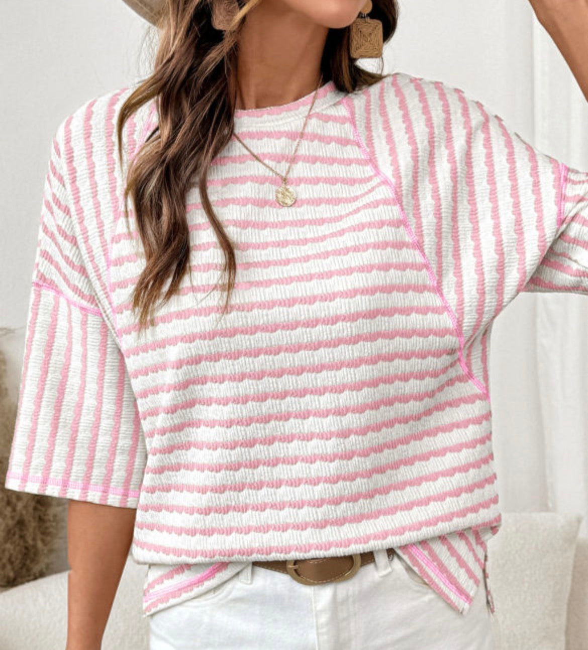 Pink & White Stripe Textured Oversized Tee