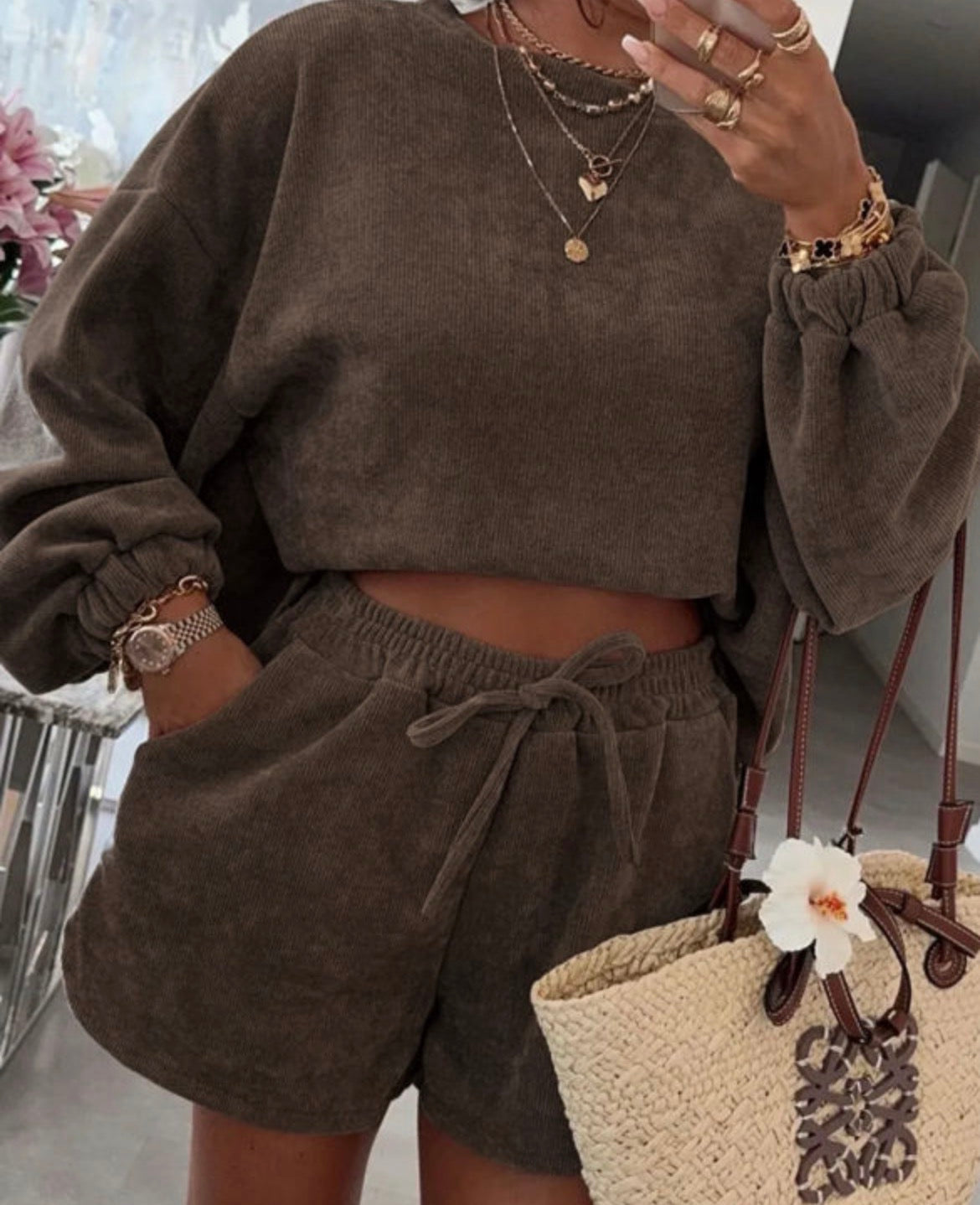 Dark Brown Knit Crop Sweatshirt & Shorts Set