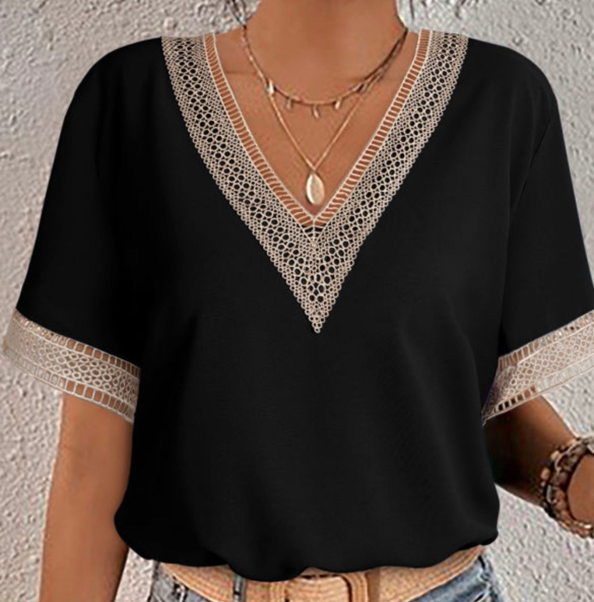 Black Lace Trim V-Neck Top