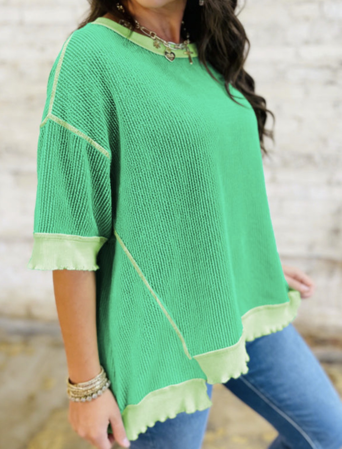 Kelly Green Lettuce Trim Knit Top