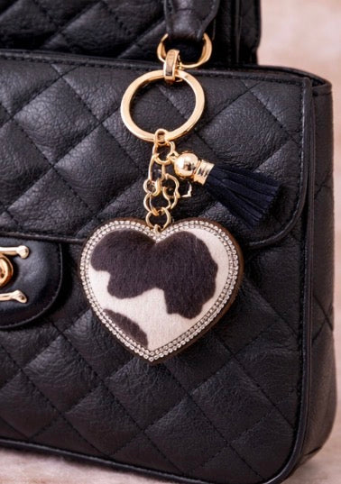 Black Cow Print Heart Bag Charm