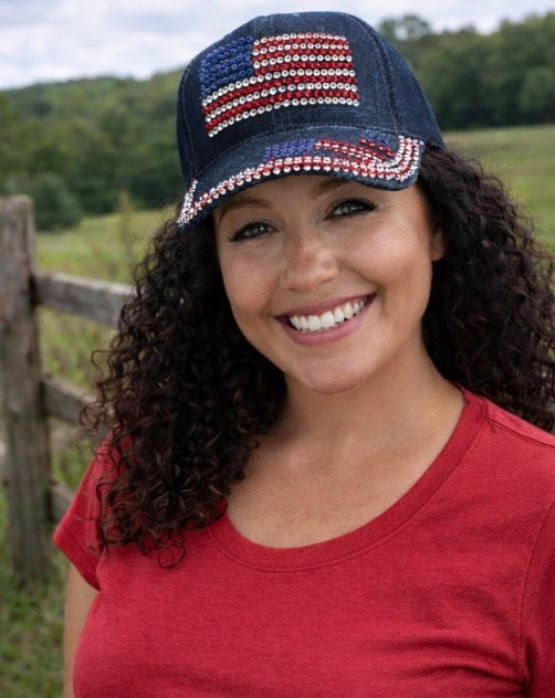 Double Rhinestone American Flag Denim Baseball Cap
