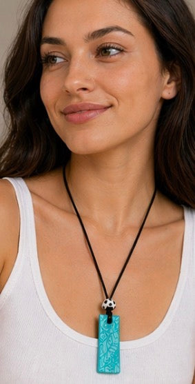 Handmade Clay Bar Pendant Necklace – Teal