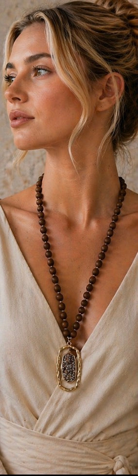 Brown Wood Bead Long Necklace with Gold Druzy Pendant