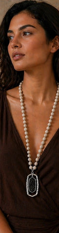 Cream Bead Long Necklace with Silver Druzy Pendant