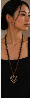 Dark Wood Bead Long Necklace with Gold Heart Pendant