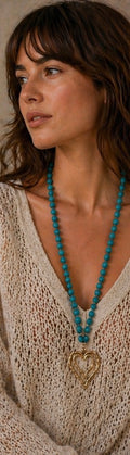 Turquoise Bead Long Necklace with Gold Heart Pendant