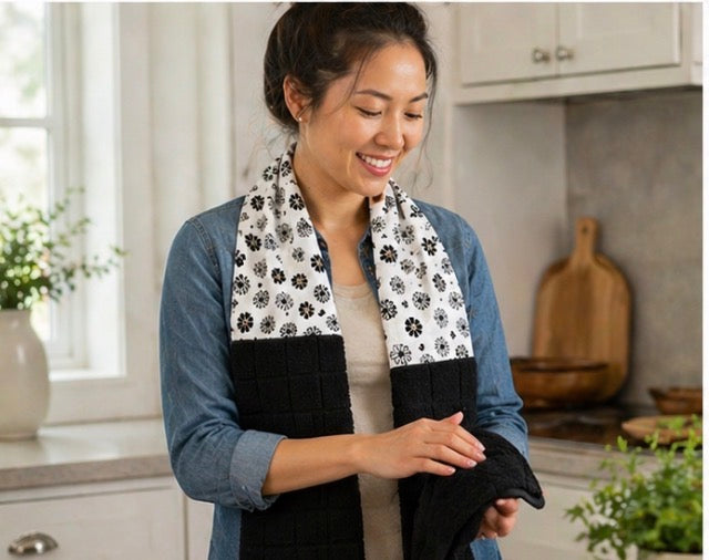 Taffygirl Kitchen Boa – Black & White Floral