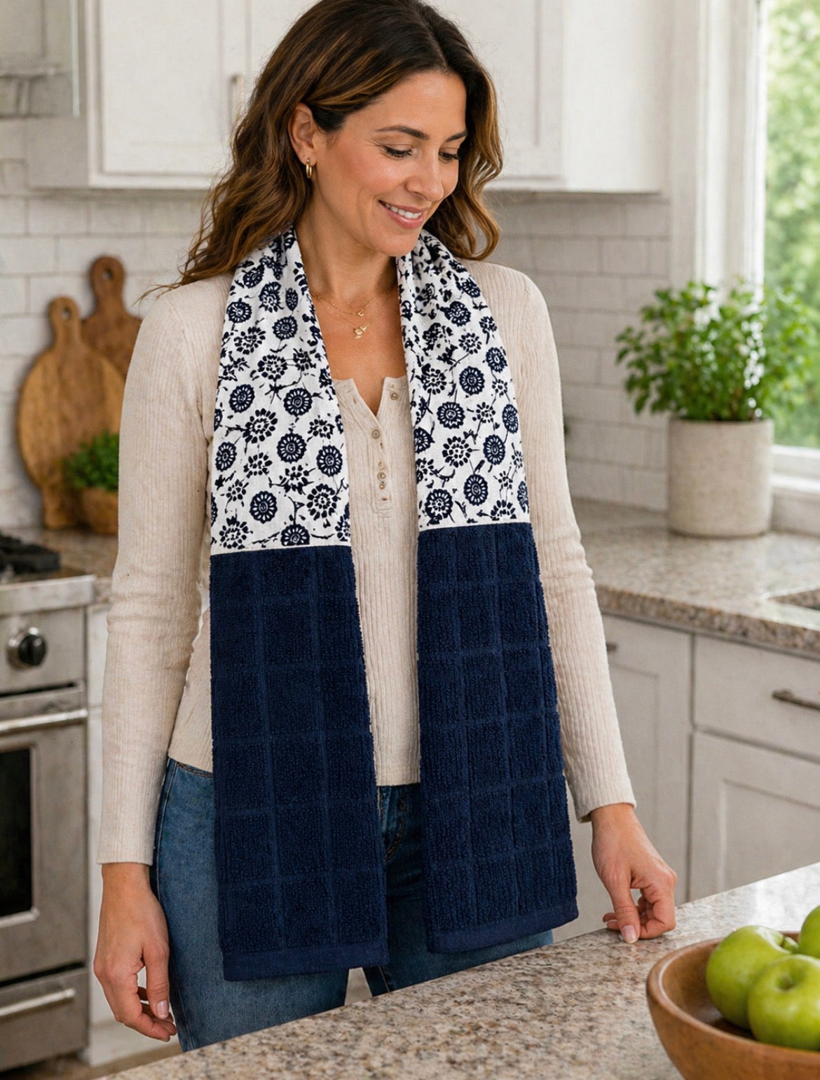 Taffygirl Kitchen Boa – White & Black Floral & Navy Terry