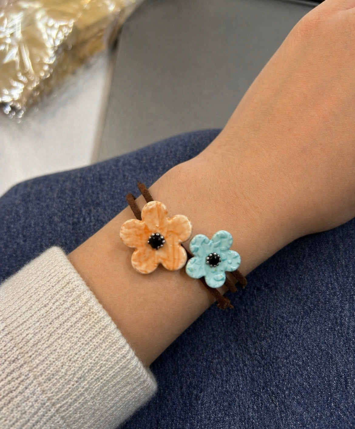 Clay Flower Bracelet Set – Teal & Peach