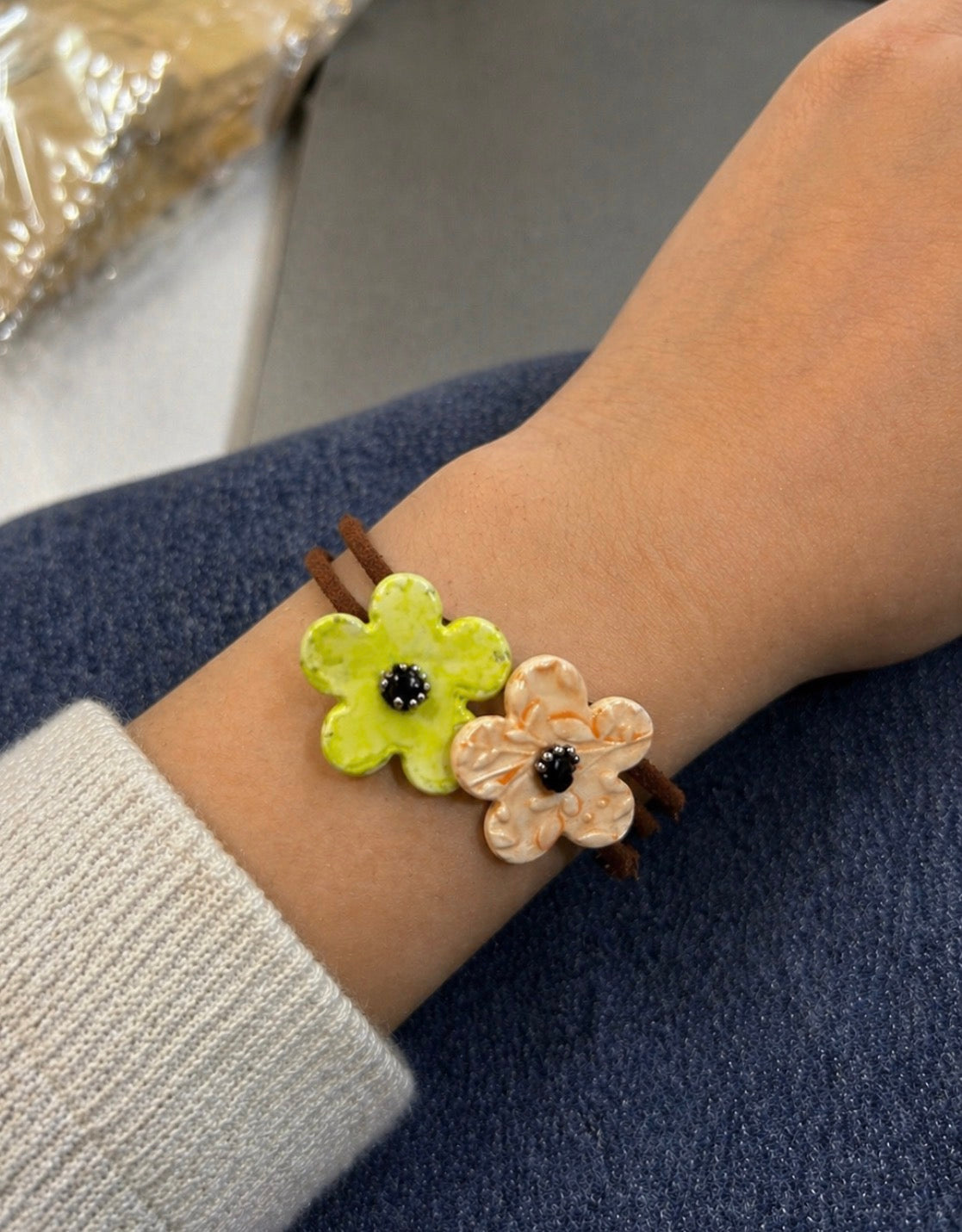 Clay Flower Bracelet Set – Yellow-Green & Peach