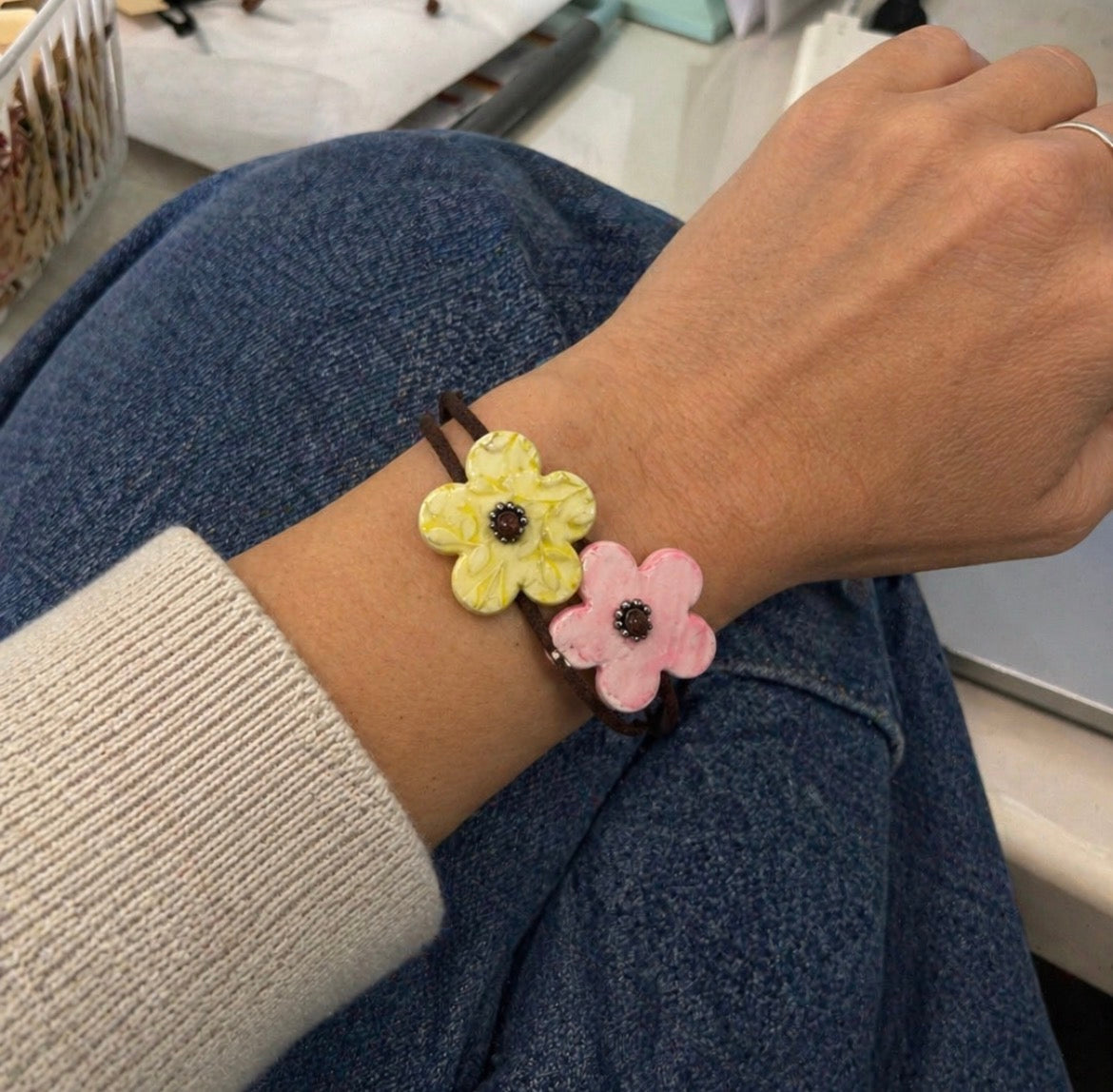 Clay Flower Bracelet Set – Yellow-Green & Pink