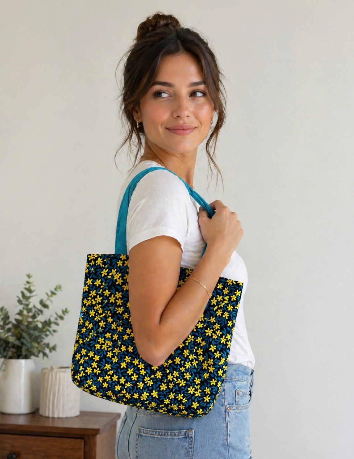 Navy Yellow Floral Mini Tote Bag