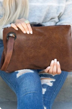 Brown Vegan Leather Wristlet Clutch
