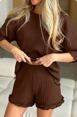 Chocolate Brown Ribbed Lettuce Hem Lounge Set