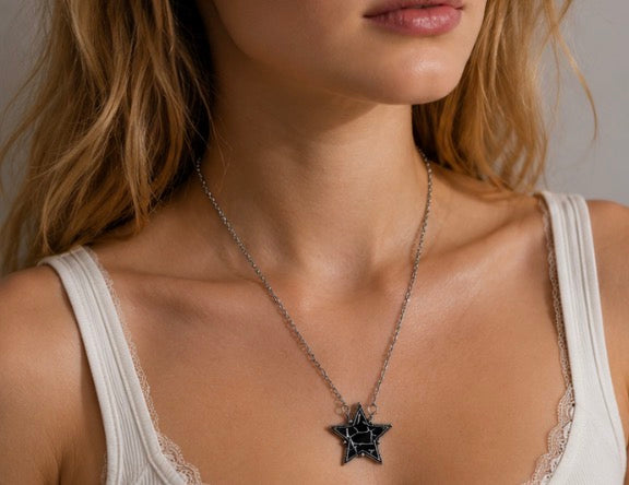 Black Mosaic Star Pendant Necklace