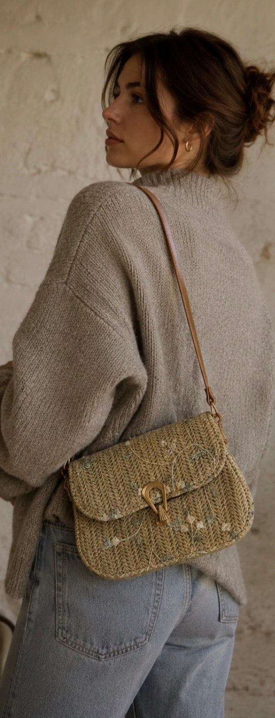 Tan Woven Flap Crossbody Bag