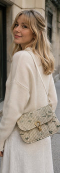 French Floral White Woven Flap Crossbody Bag