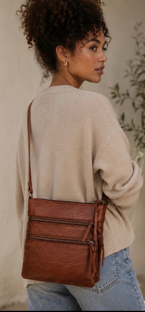 Brown Multi-Zip Crossbody Bag