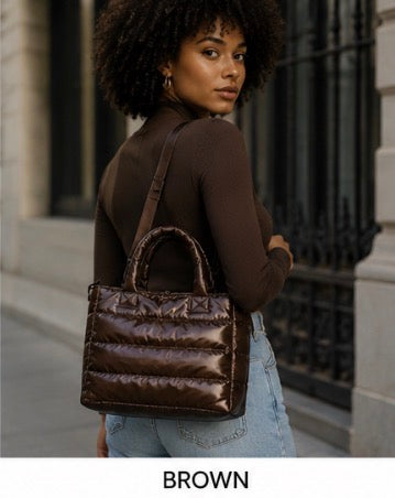 Brown Quilted Puffer Tote Bag