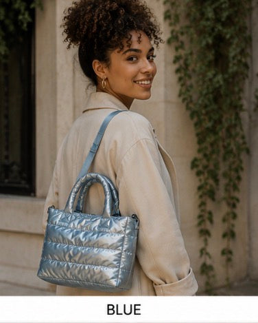 Blue Quilted Puffer Tote Bag