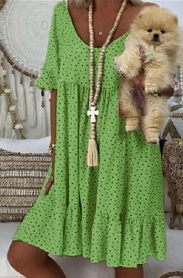 Polka Dot Ruffle Tiered Dress - Green