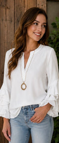 White Ruffle Bell-Sleeve Chiffon Blouse