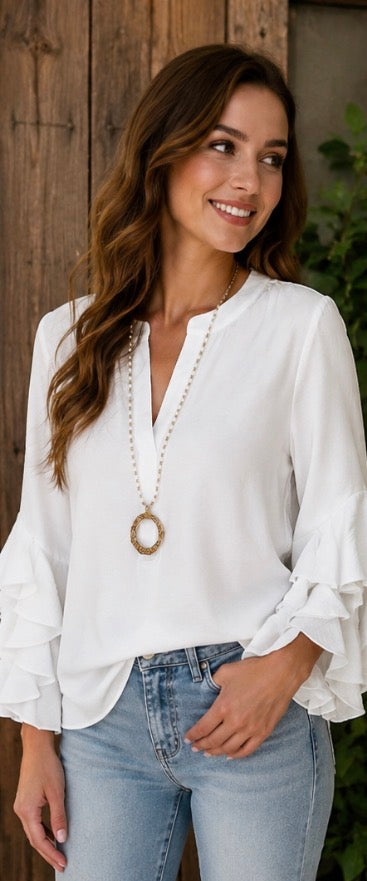 White Ruffle Bell-Sleeve Chiffon Blouse