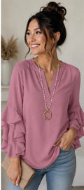 Mauve Ruffle Bell-Sleeve Chiffon Blouse