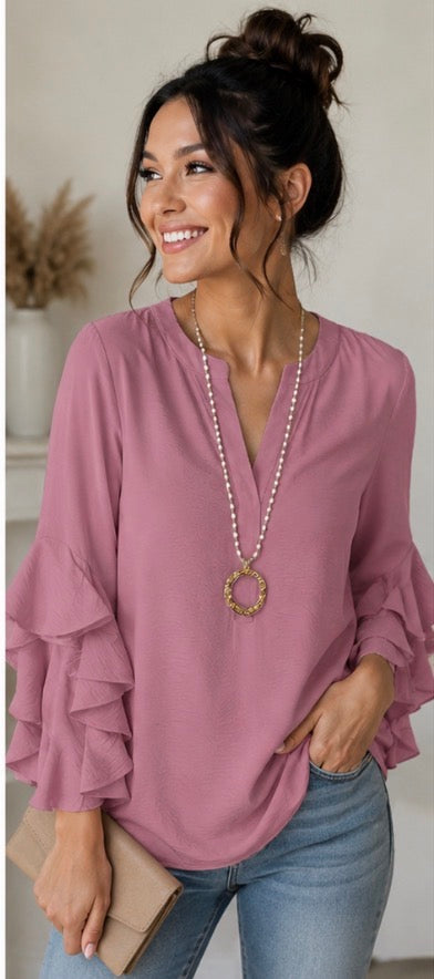 Mauve Ruffle Bell-Sleeve Chiffon Blouse