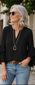 Black Ruffle Bell-Sleeve Chiffon Blouse