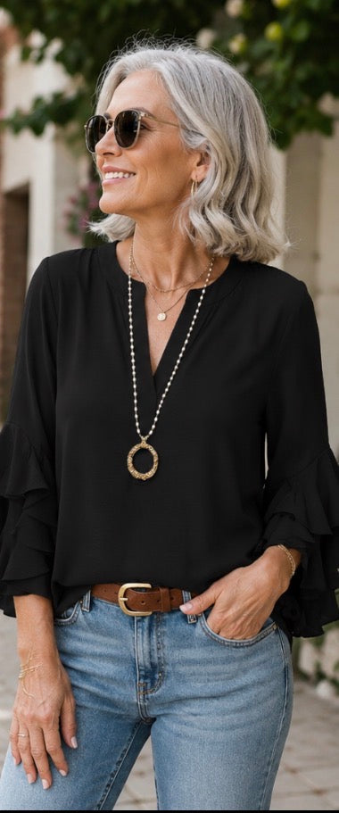 Black Ruffle Bell-Sleeve Chiffon Blouse