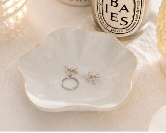 White Gold Rim Ceramic Dish Jewelry Holder