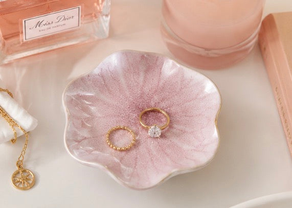 Soft Pink Petal Ceramic Dish Jewelry Holder