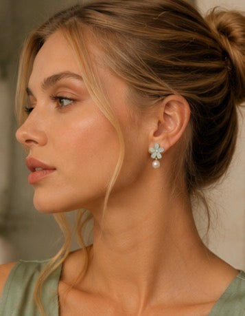Silver Mint Green Flower Pearl Stone Earrings