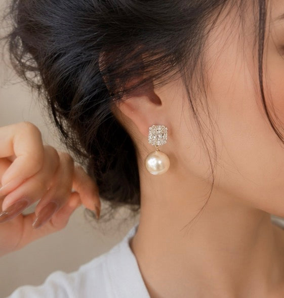 Golden Square White Pearl Drop Earrings