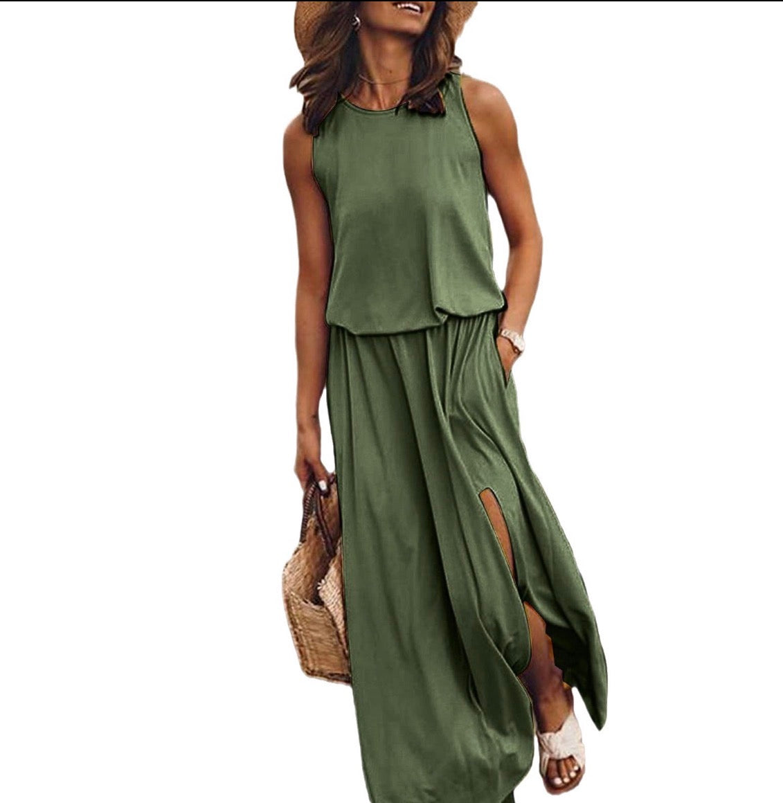 Army Green Ribbed Tank Maxi Dress