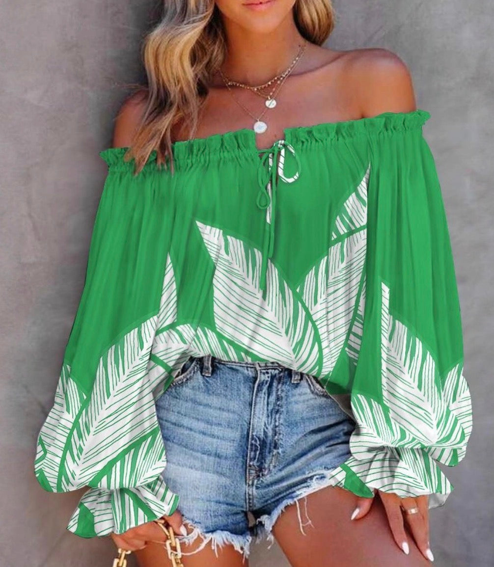 Tropical Leaf Print Ruffle Top