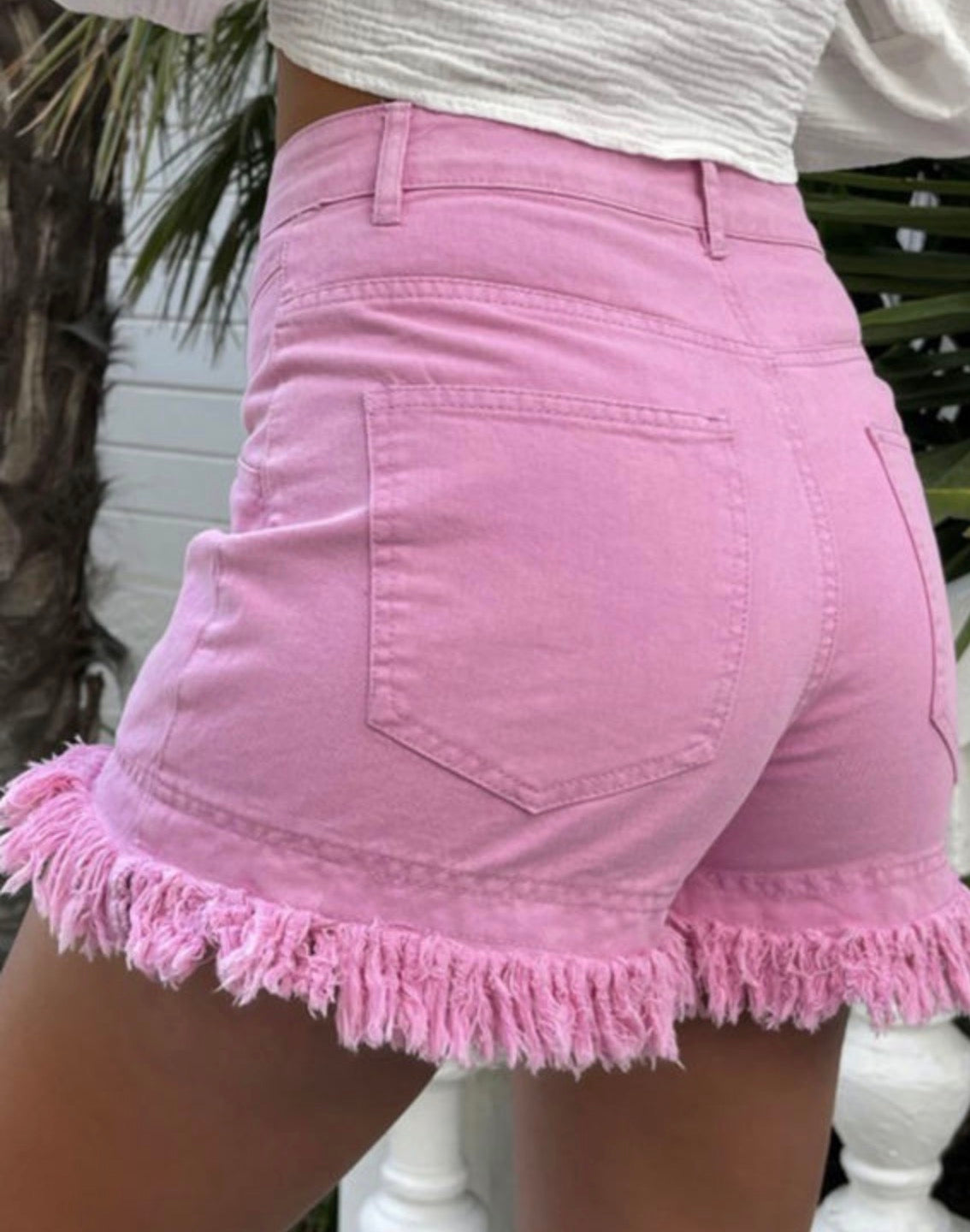 Pink Frayed Hem Denim Shorts